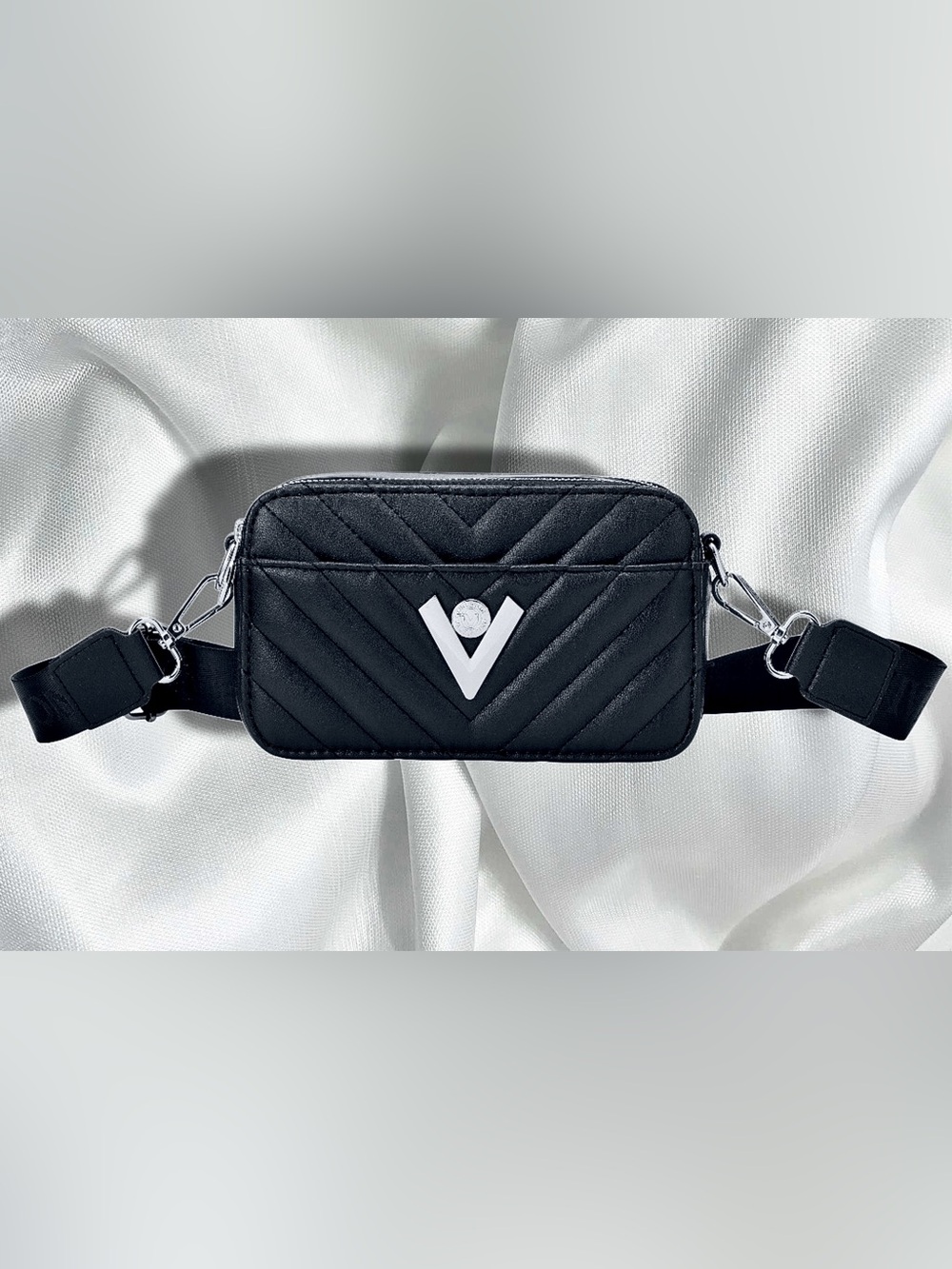 Valentino Orlandi NWT Black Quilted Crossbody Camera Bag with Silver Accent